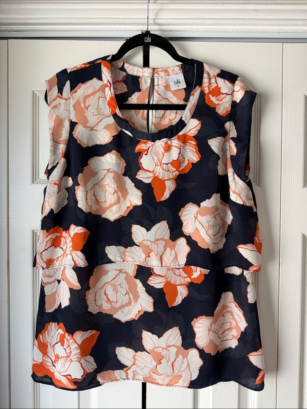 CAbi #5030 Navy Floral Layered Sleeveless Top with Peach & Coral Blooms